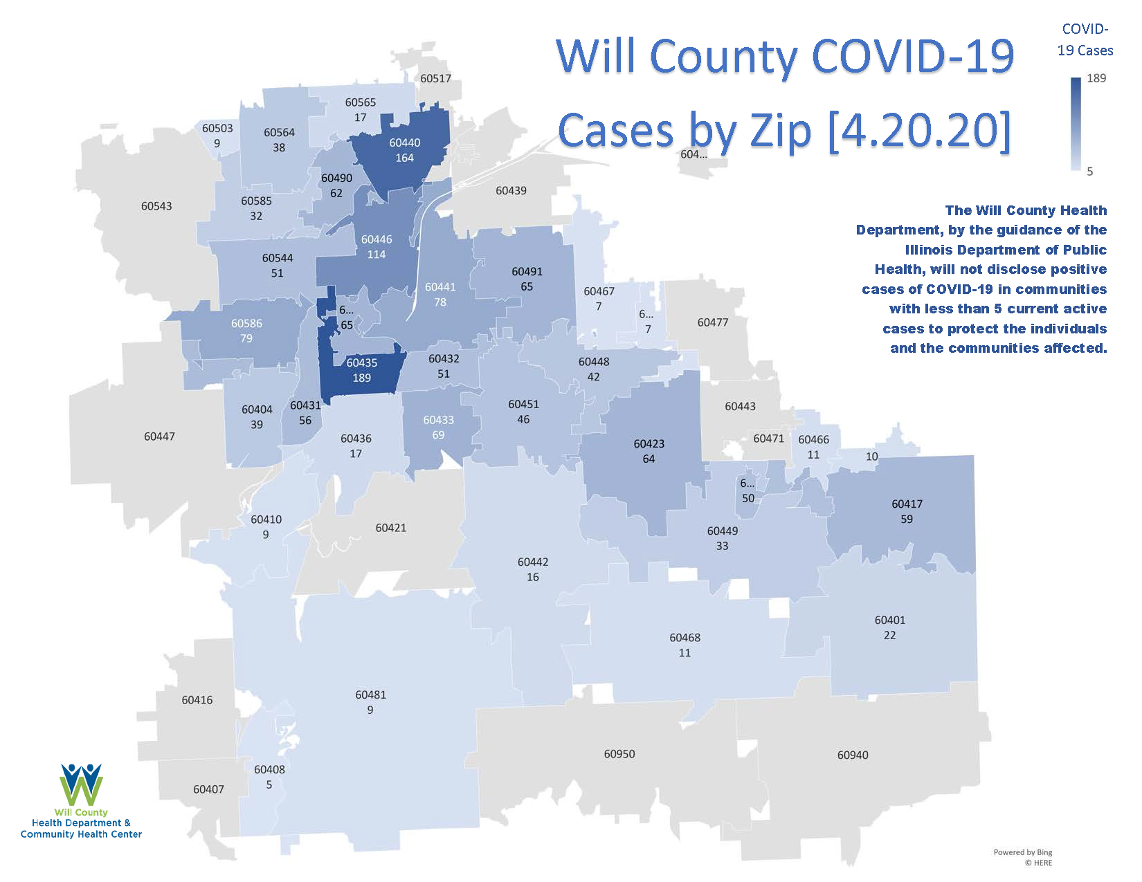 COVID-19 MAP by zip 4.20.20 | Will County Health Department