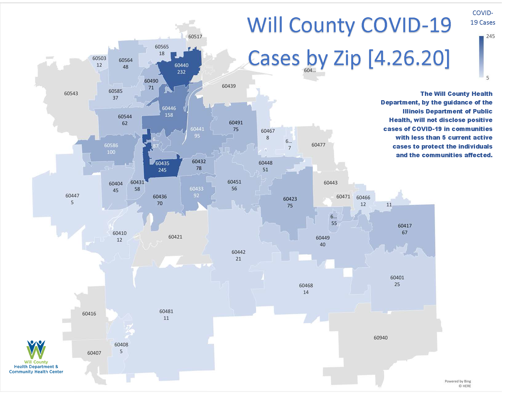 COVID19 MAP by zip 4.26.20 Will County Health Department