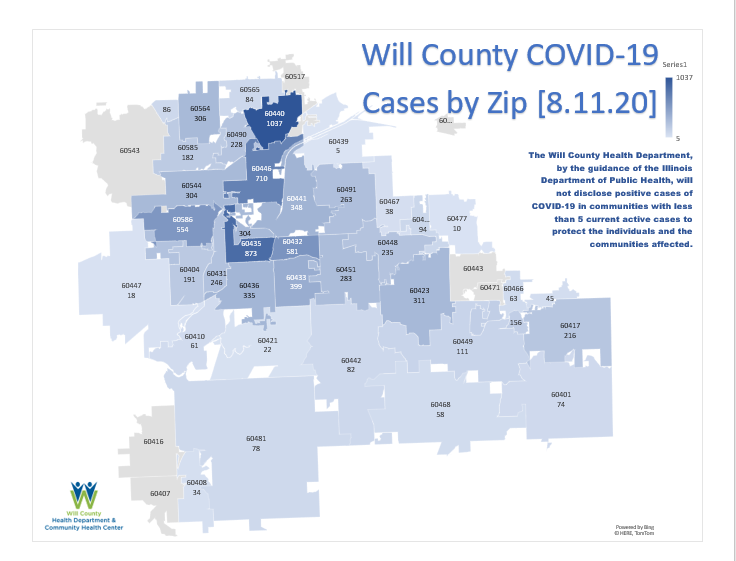 COVID MAP by zip 8.11.20 Will County Health Department