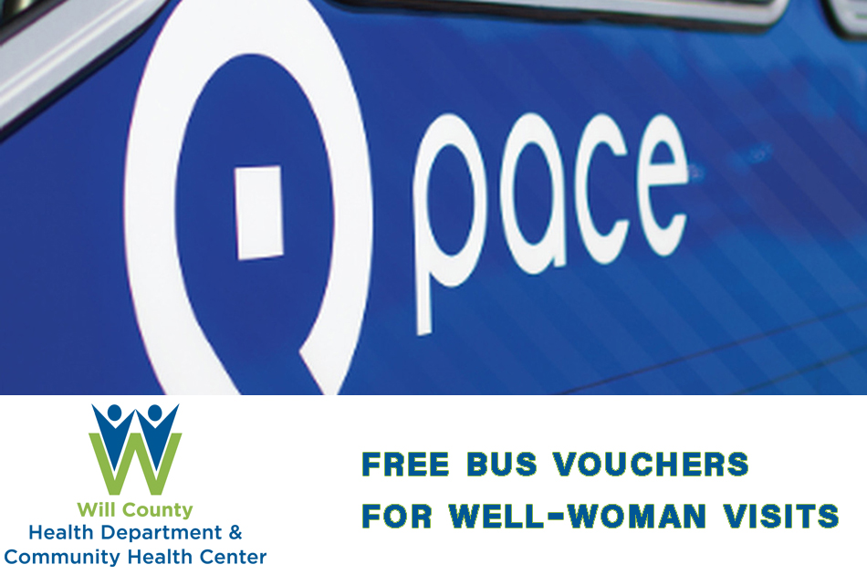 Pace Logo with text: Free Bus Vouchers for Well-Woman Visits