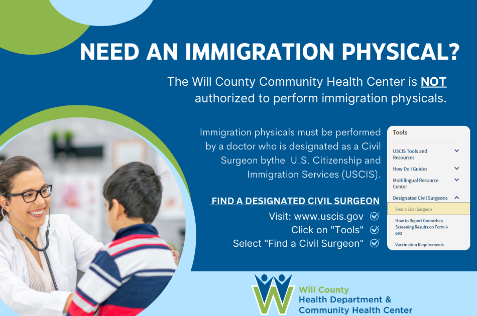 Photo of doctor with boy and text need an immigration