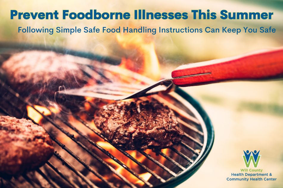 Photo of Grill with cooking food with text: WCHD Reminds Residents to Prevent Foodborne Illnesses