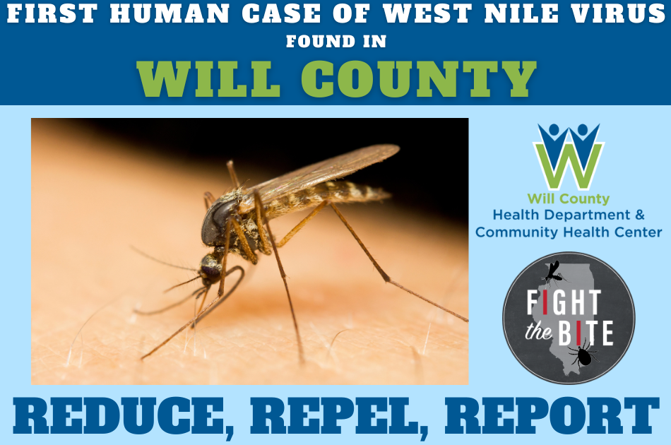 Photo of mosquito with text: First human case of West Nile Virus in Will County